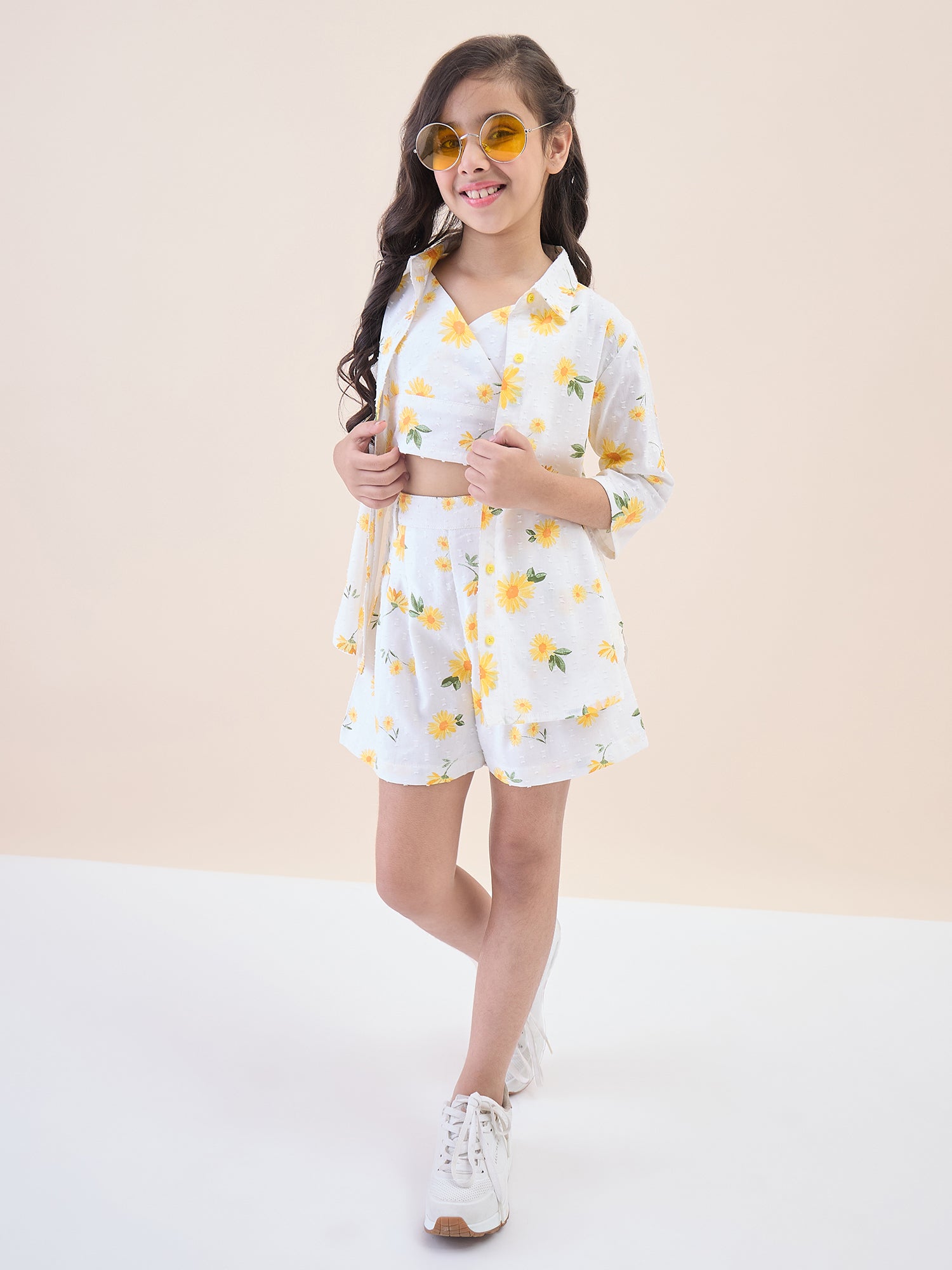 Girls Above Knee All over Print Top with Shorts - Yellow