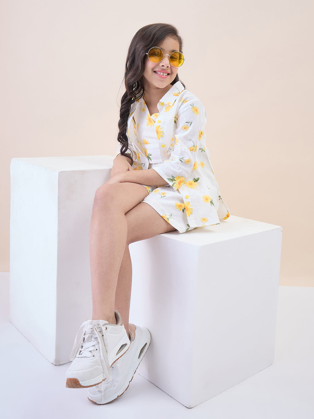 Girls Above Knee All over Print Top with Shorts - Yellow