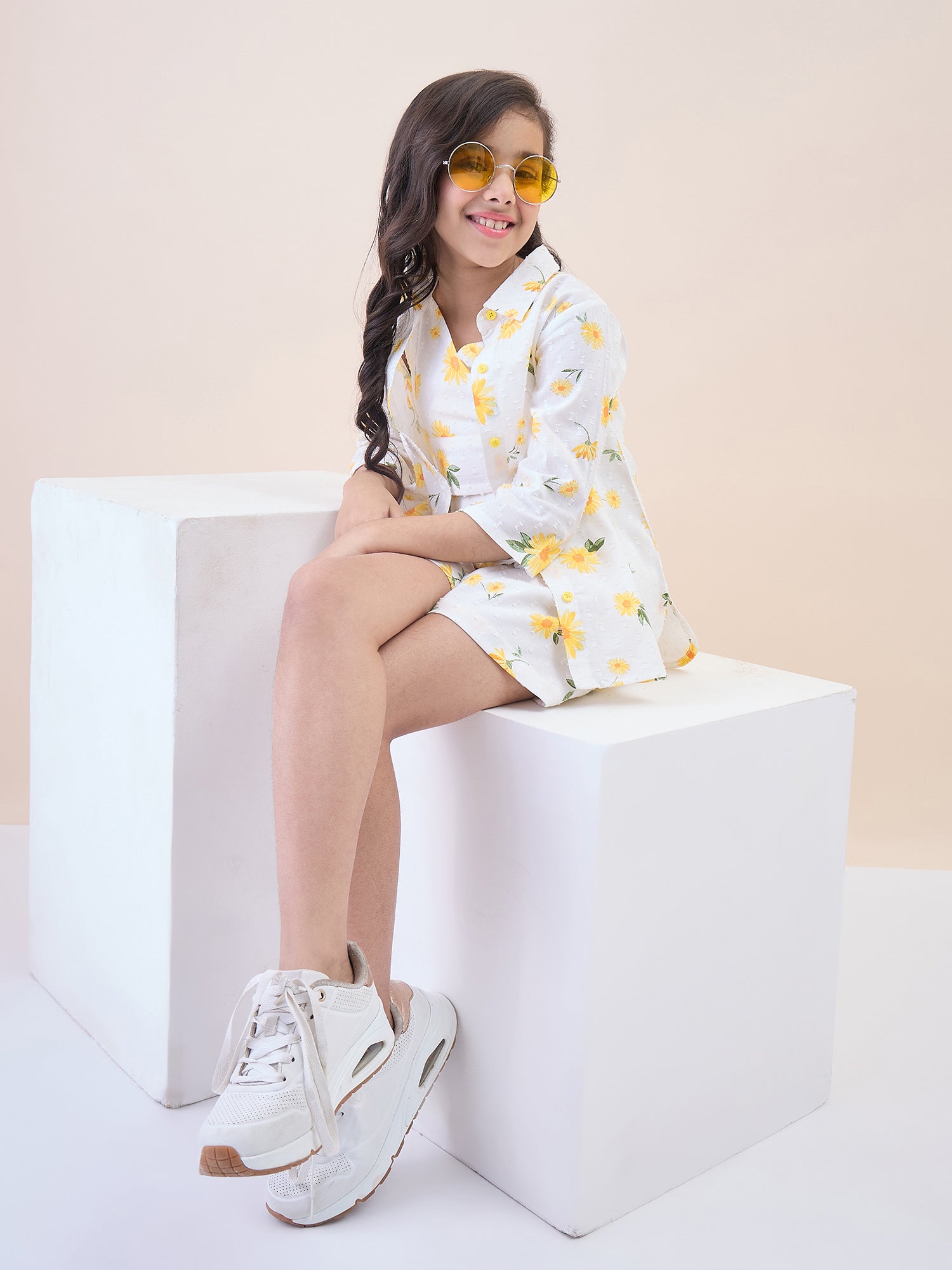 Girls Above Knee All over Print Top with Shorts - Yellow