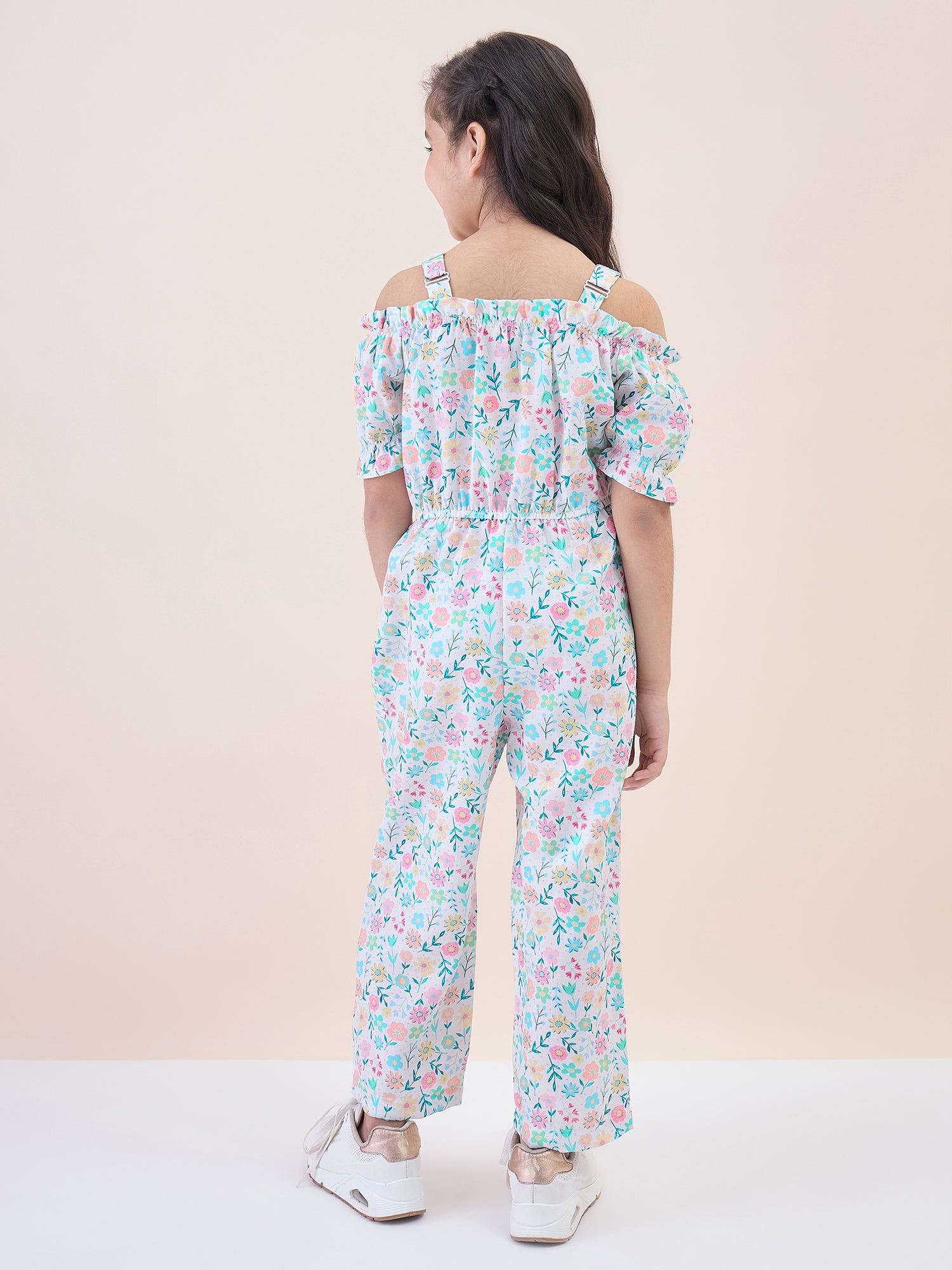 Girls Ankle Length All over Print Jumpsuit - Off-White