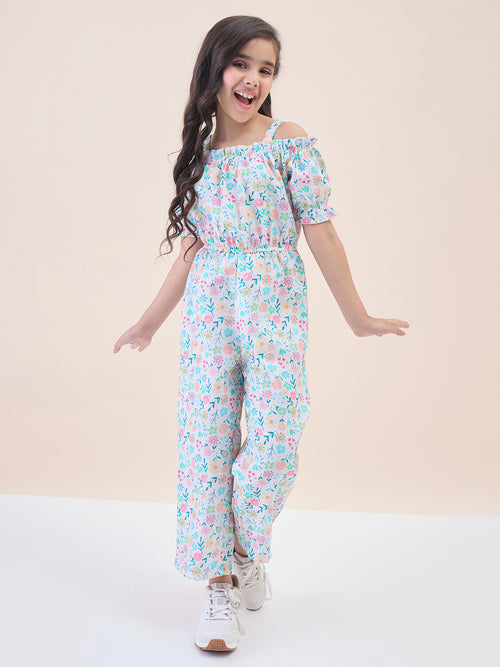 Girls Ankle Length All over Print Jumpsuit - Off-White