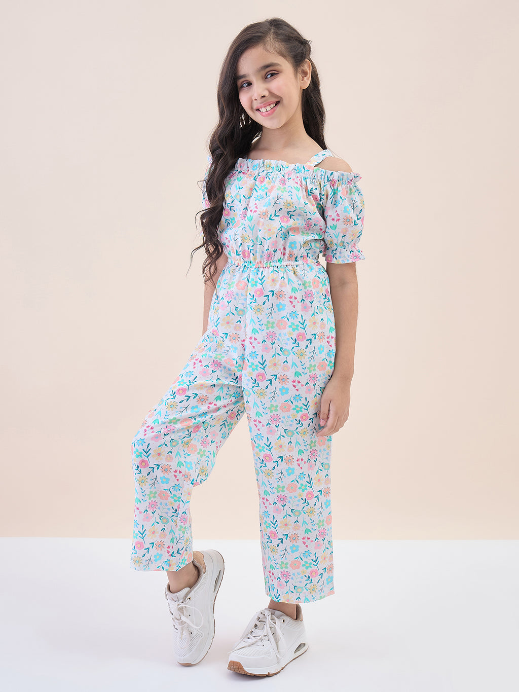 Girls Ankle Length All over Print Jumpsuit - Off-White