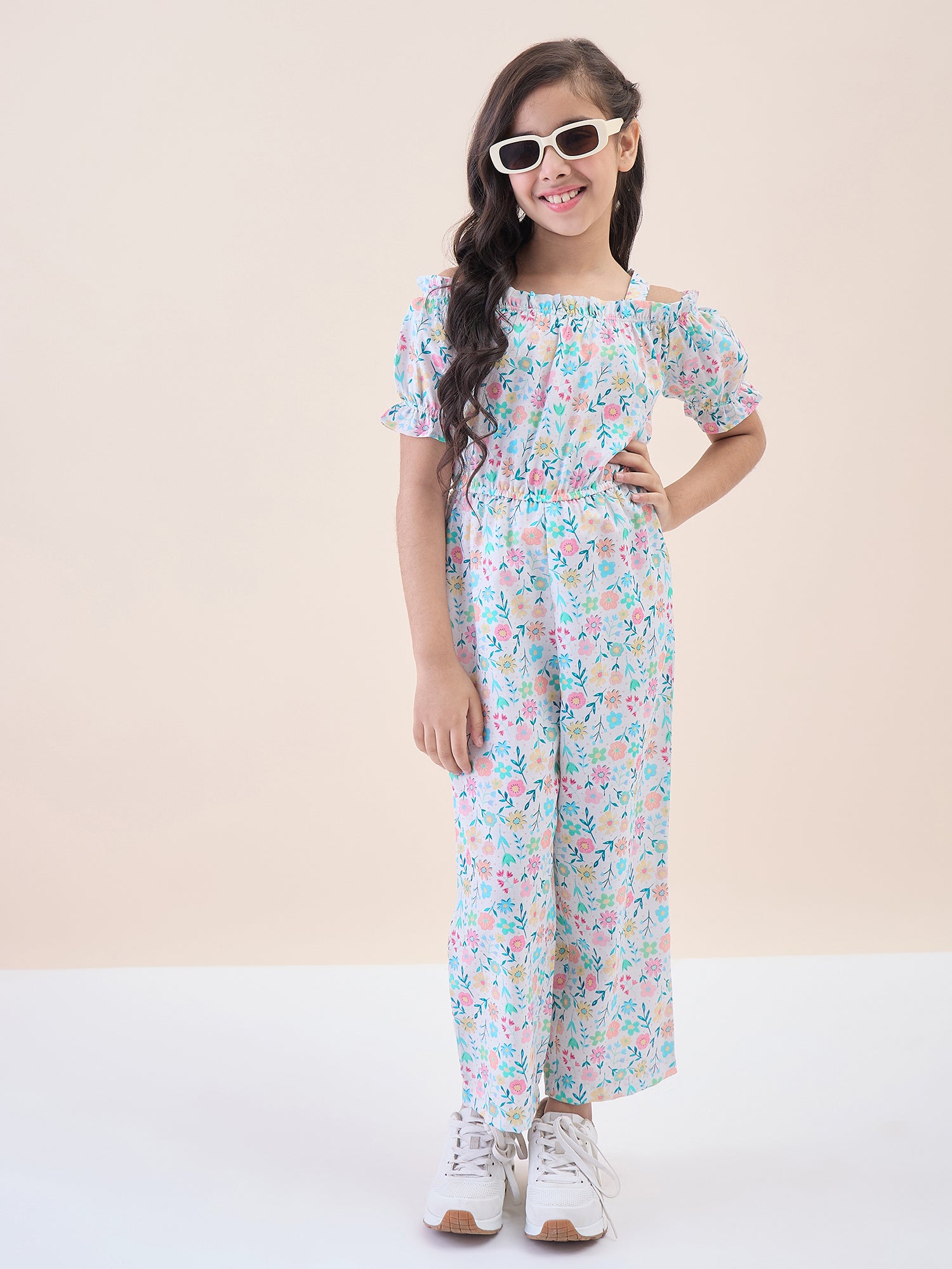 Girls Ankle Length All over Print Jumpsuit - Off-White