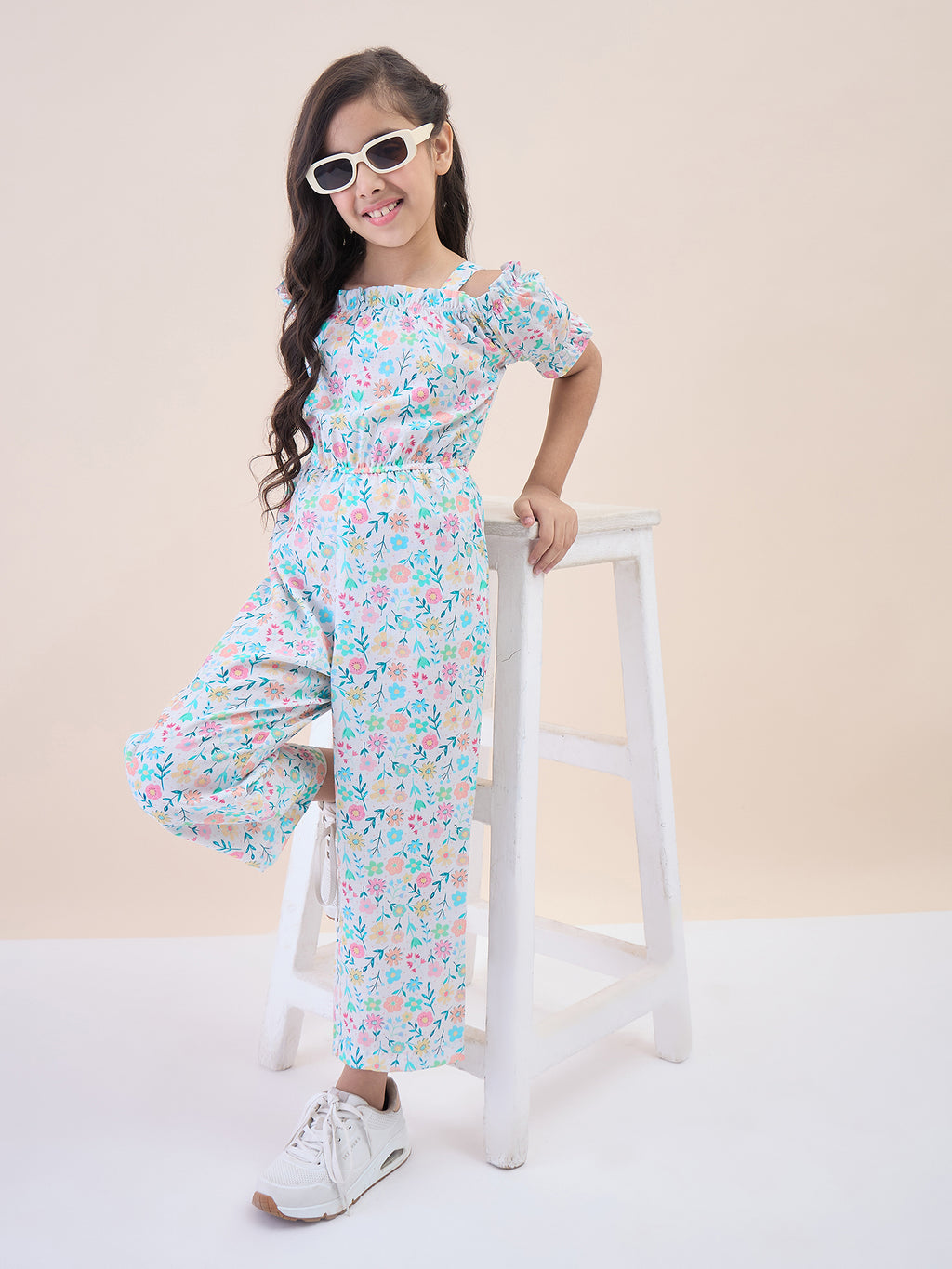 Girls Ankle Length All over Print Jumpsuit - Off-White