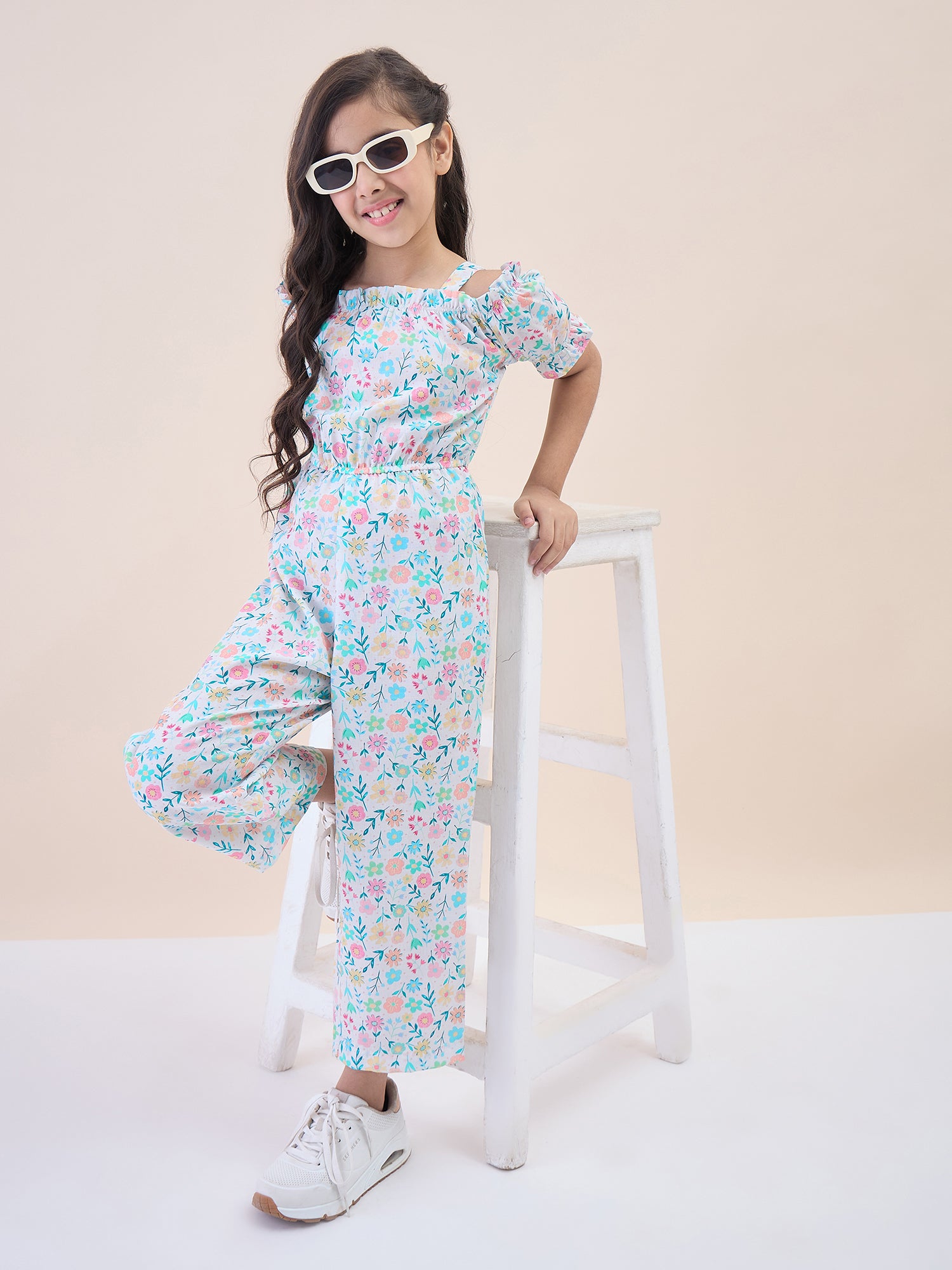 Girls Ankle Length All over Print Jumpsuit - Off-White