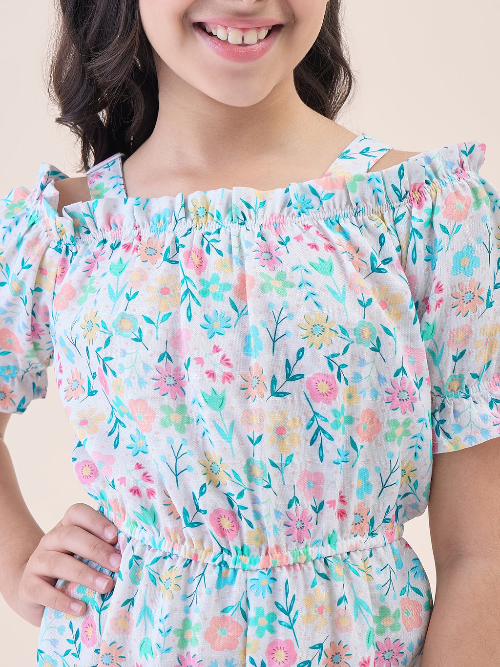Girls Ankle Length All over Print Jumpsuit - Off-White