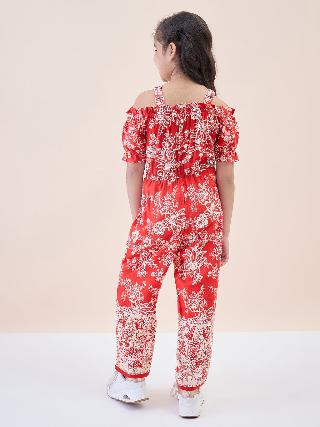 Girls Ankle Length All over Print Jumpsuit - Red