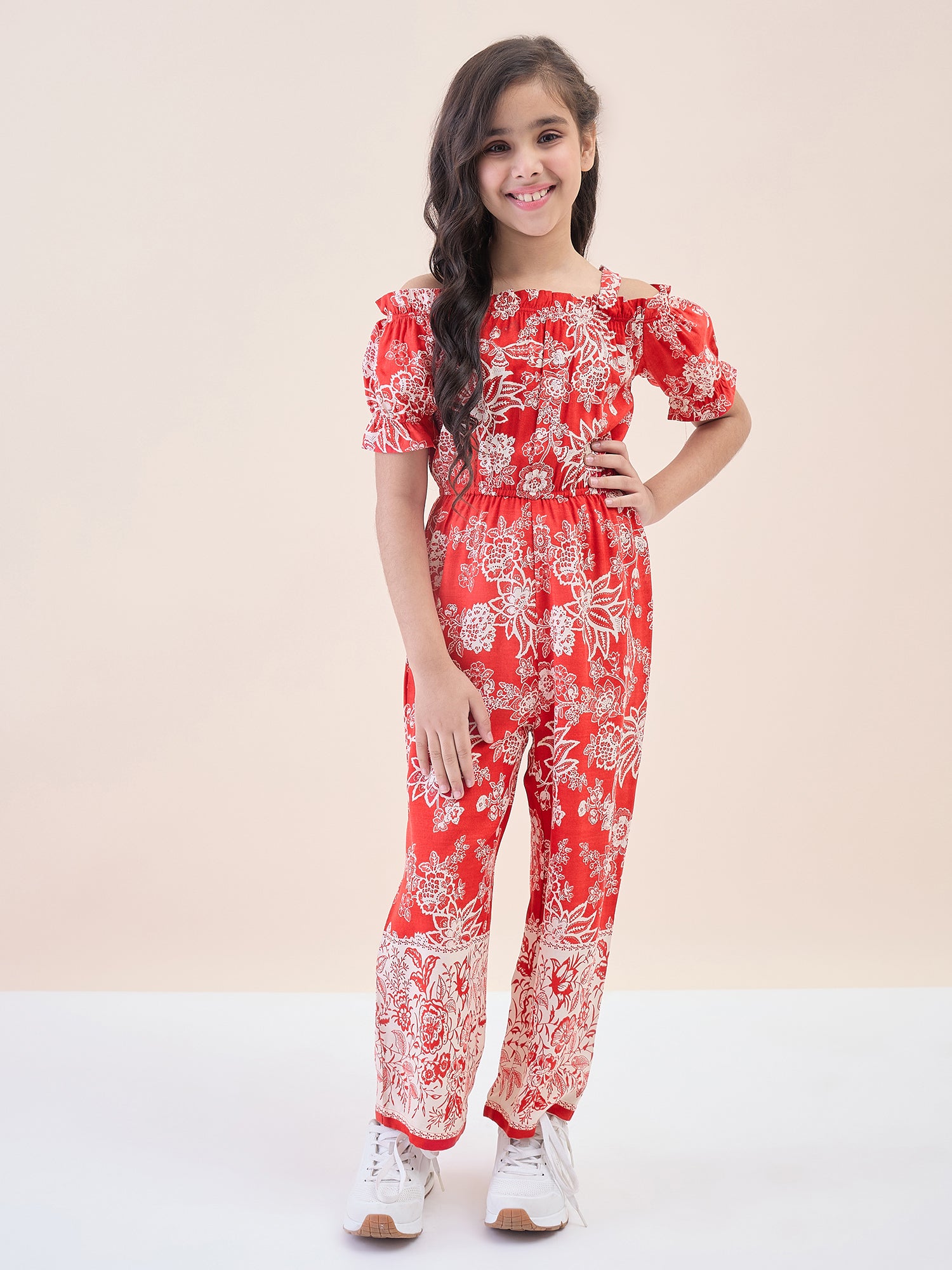 Girls Ankle Length All over Print Jumpsuit - Red