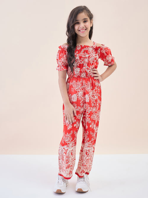 Girls Ankle Length All over Print Jumpsuit - Red