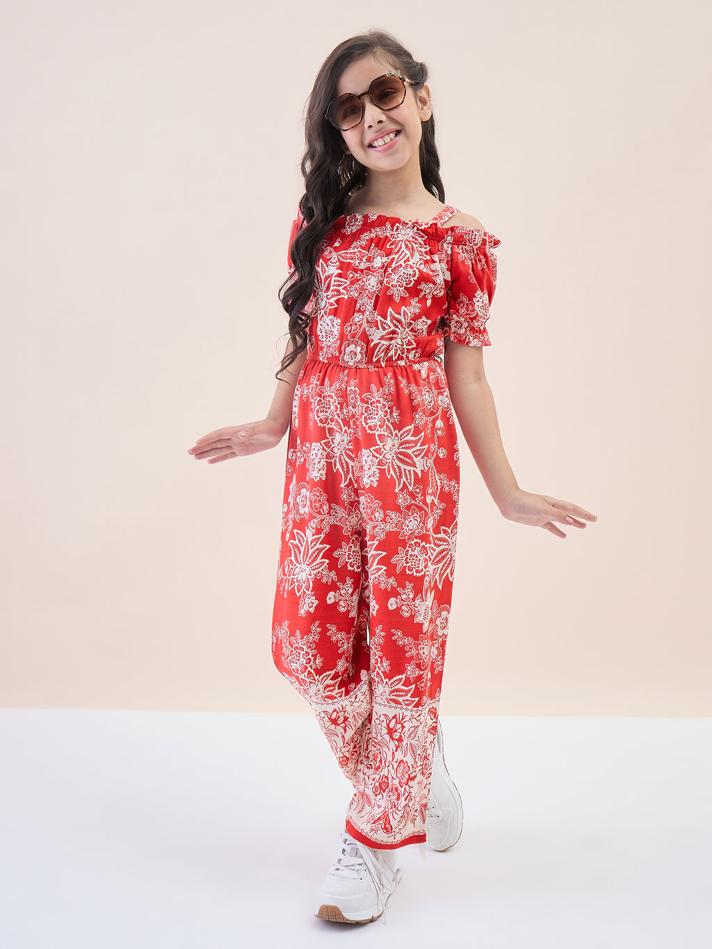 Girls Ankle Length All over Print Jumpsuit - Red