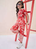 Girls Ankle Length All over Print Jumpsuit - Red
