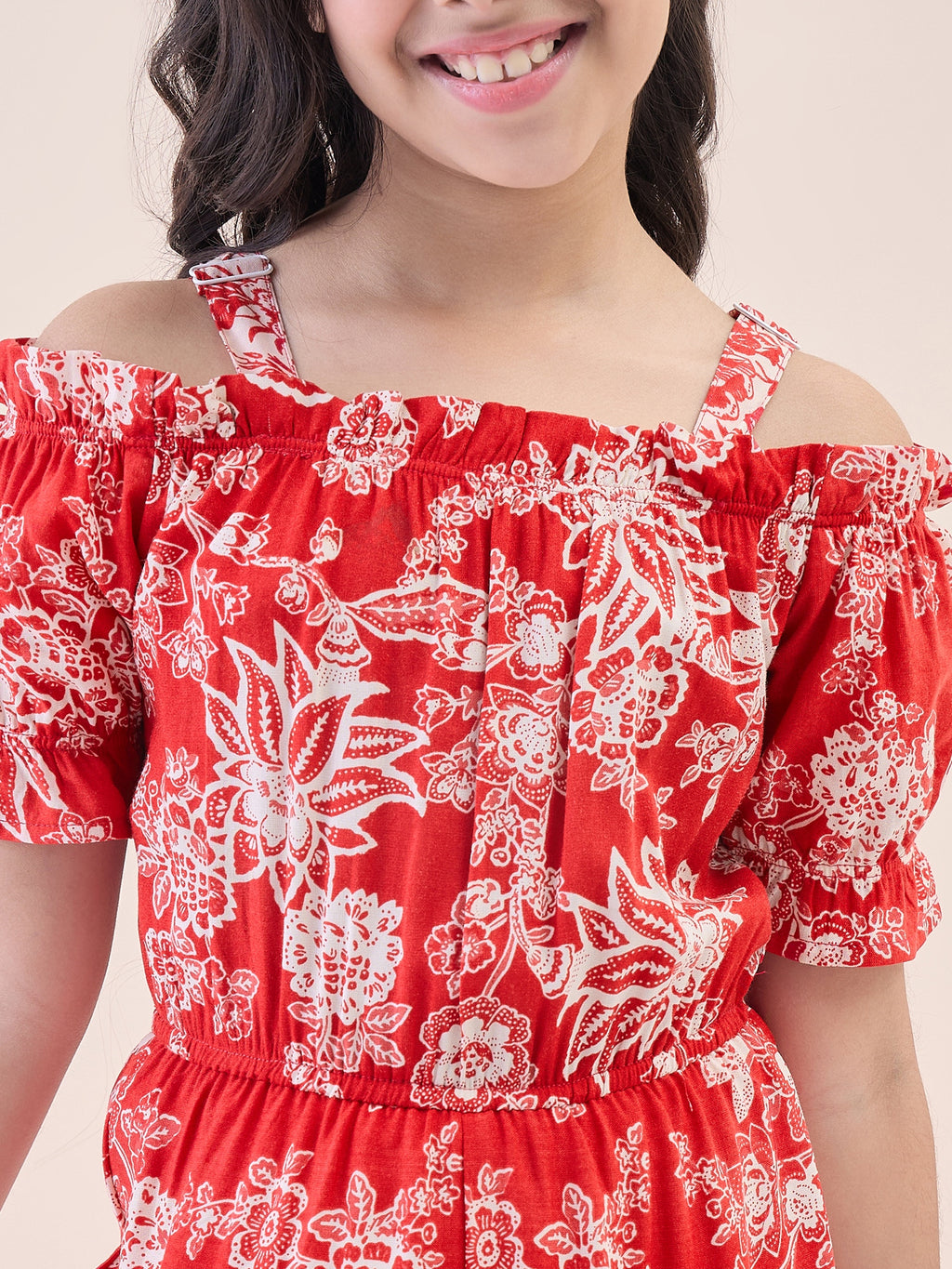 Girls Ankle Length All over Print Jumpsuit - Red