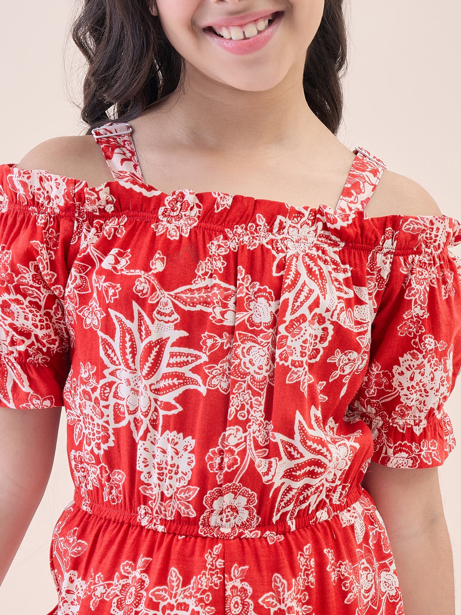 Girls Ankle Length All over Print Jumpsuit - Red