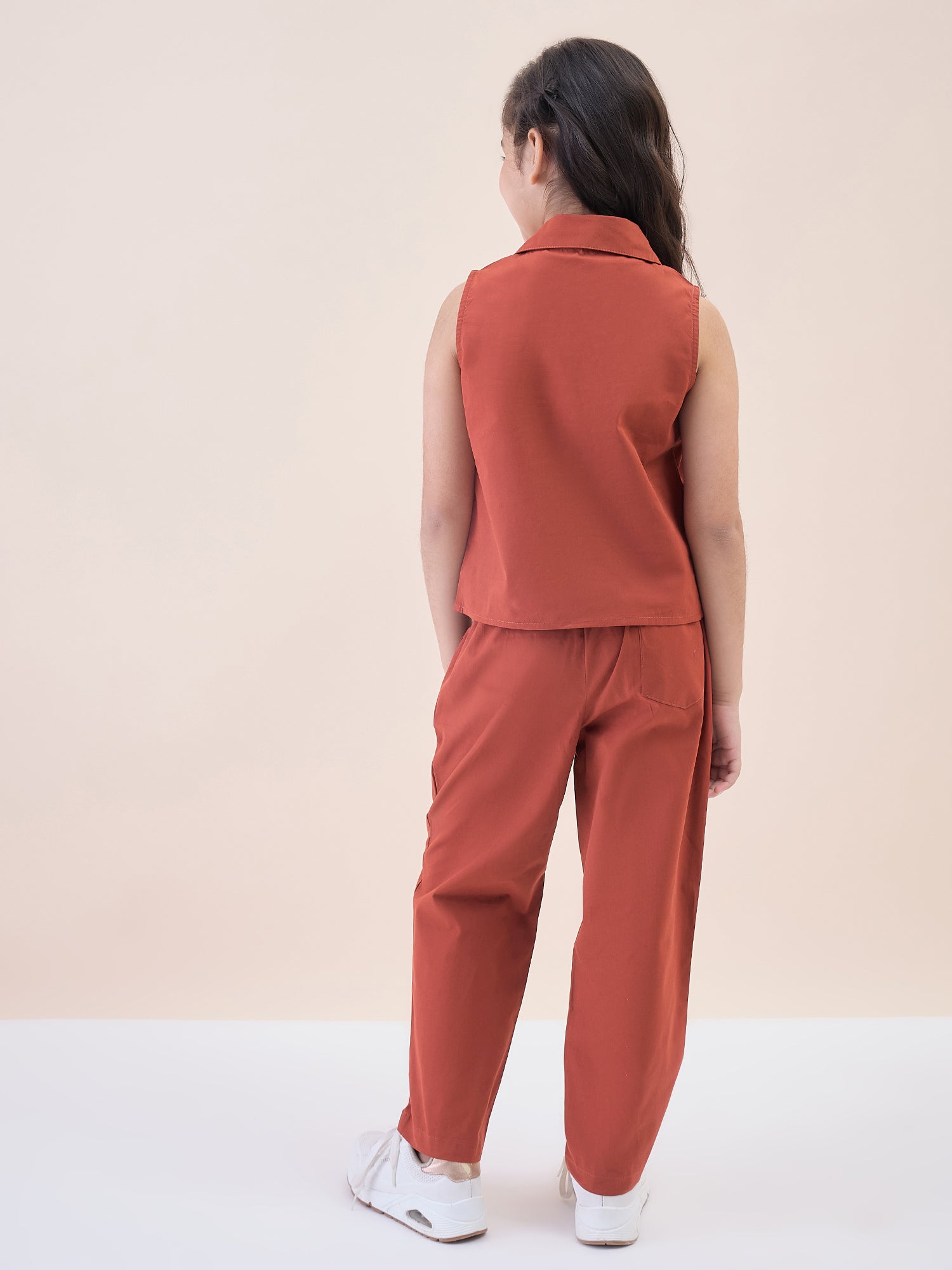 Girls Ankle Length Solid Top With Pants - Rust