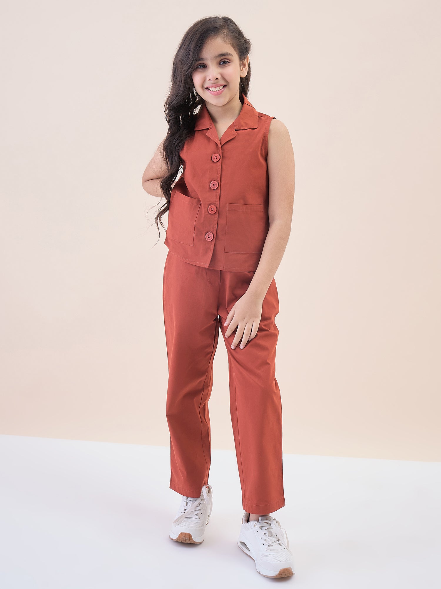 Girls Ankle Length Solid Top With Pants - Rust
