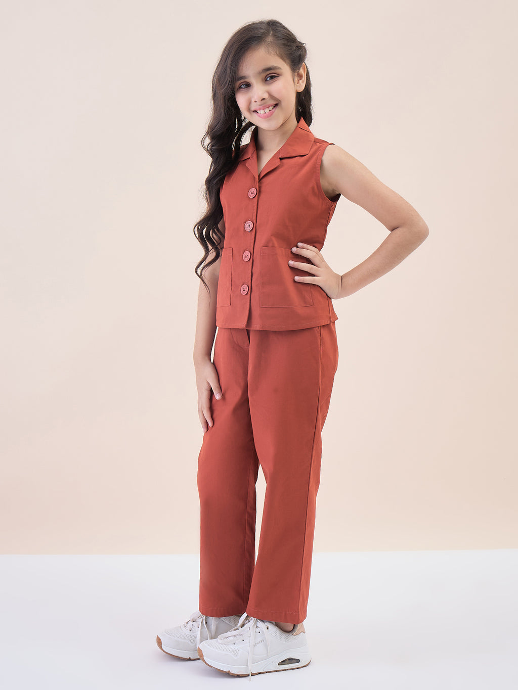 Girls Ankle Length Solid Top With Pants - Rust