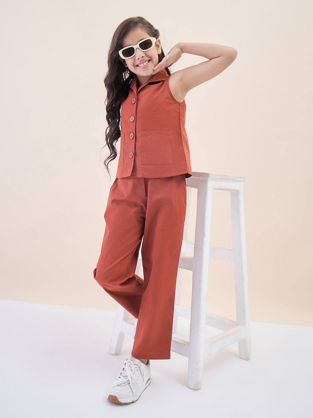 Girls Ankle Length Solid Top With Pants - Rust
