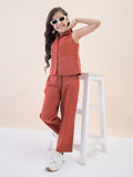 Girls Ankle Length Solid Top With Pants - Rust