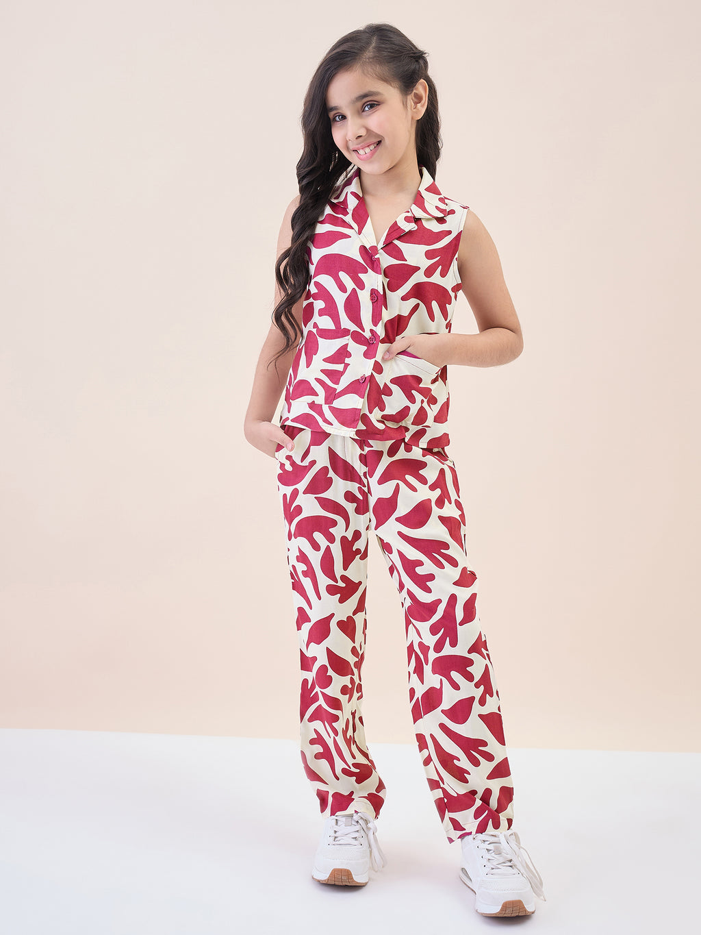 Girls Ankle Length All over Print Top With Pants - Maroon