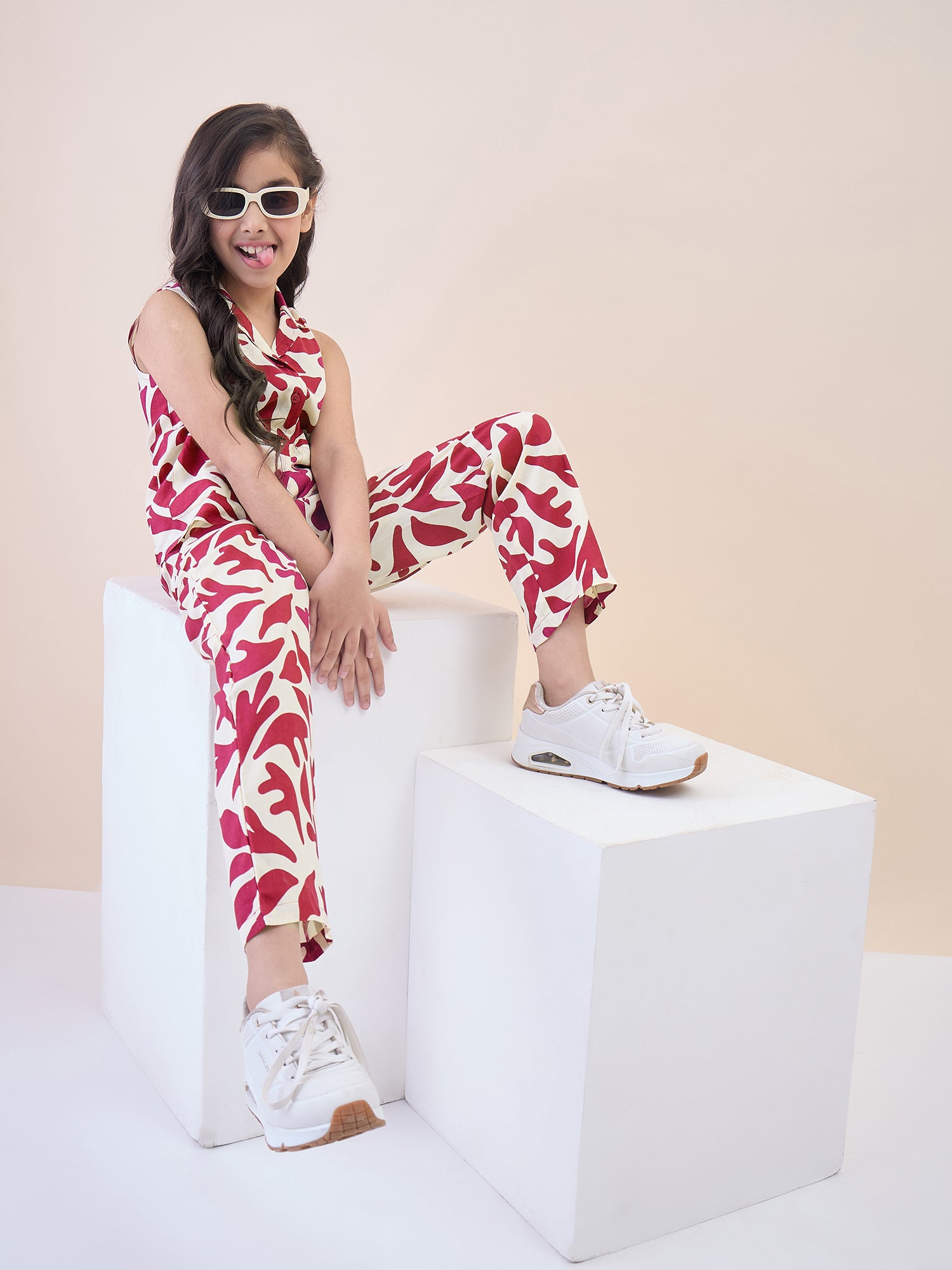 Girls Ankle Length All over Print Top With Pants - Maroon