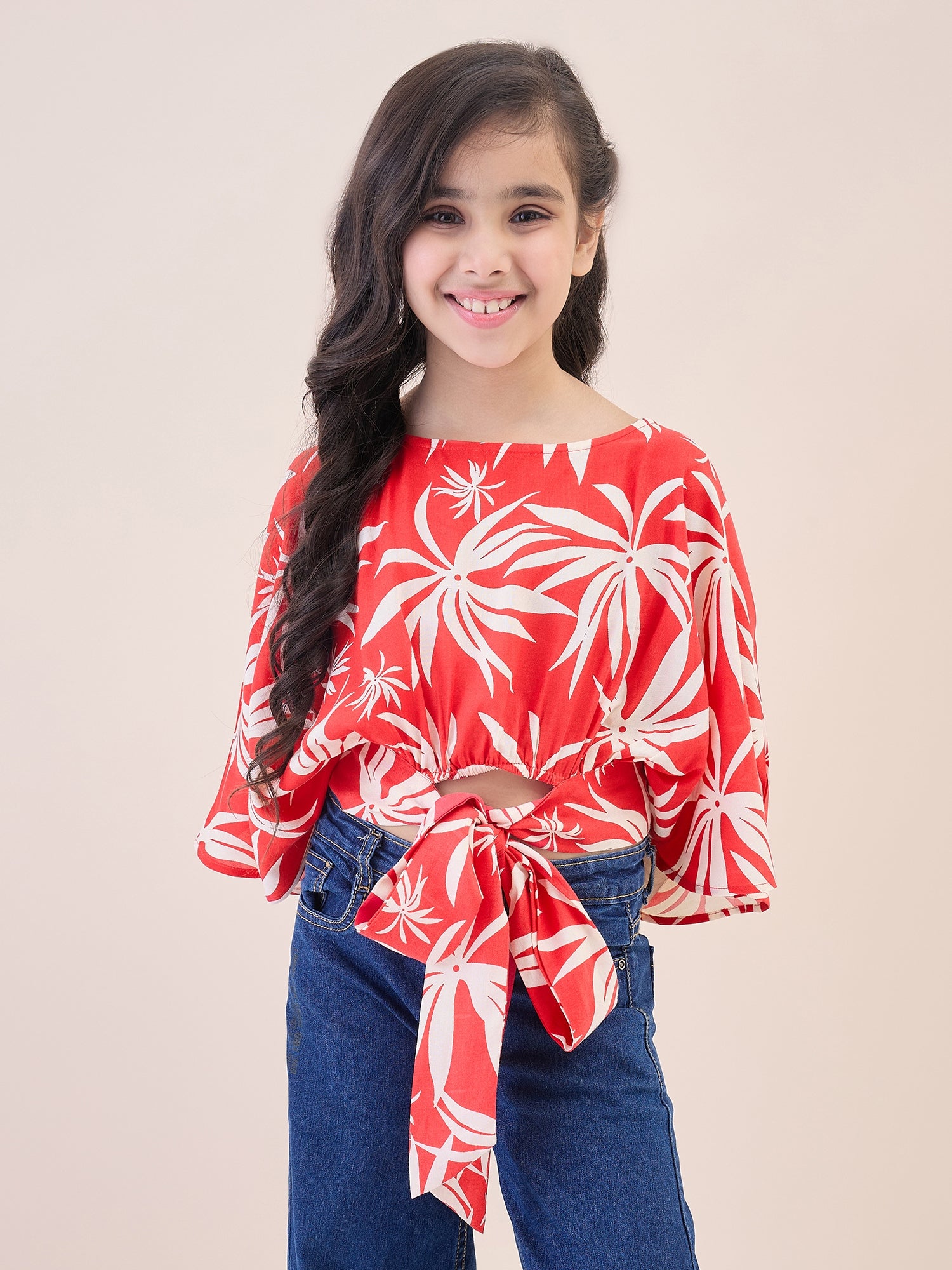 Girls Waist Length All over Print Top - Red