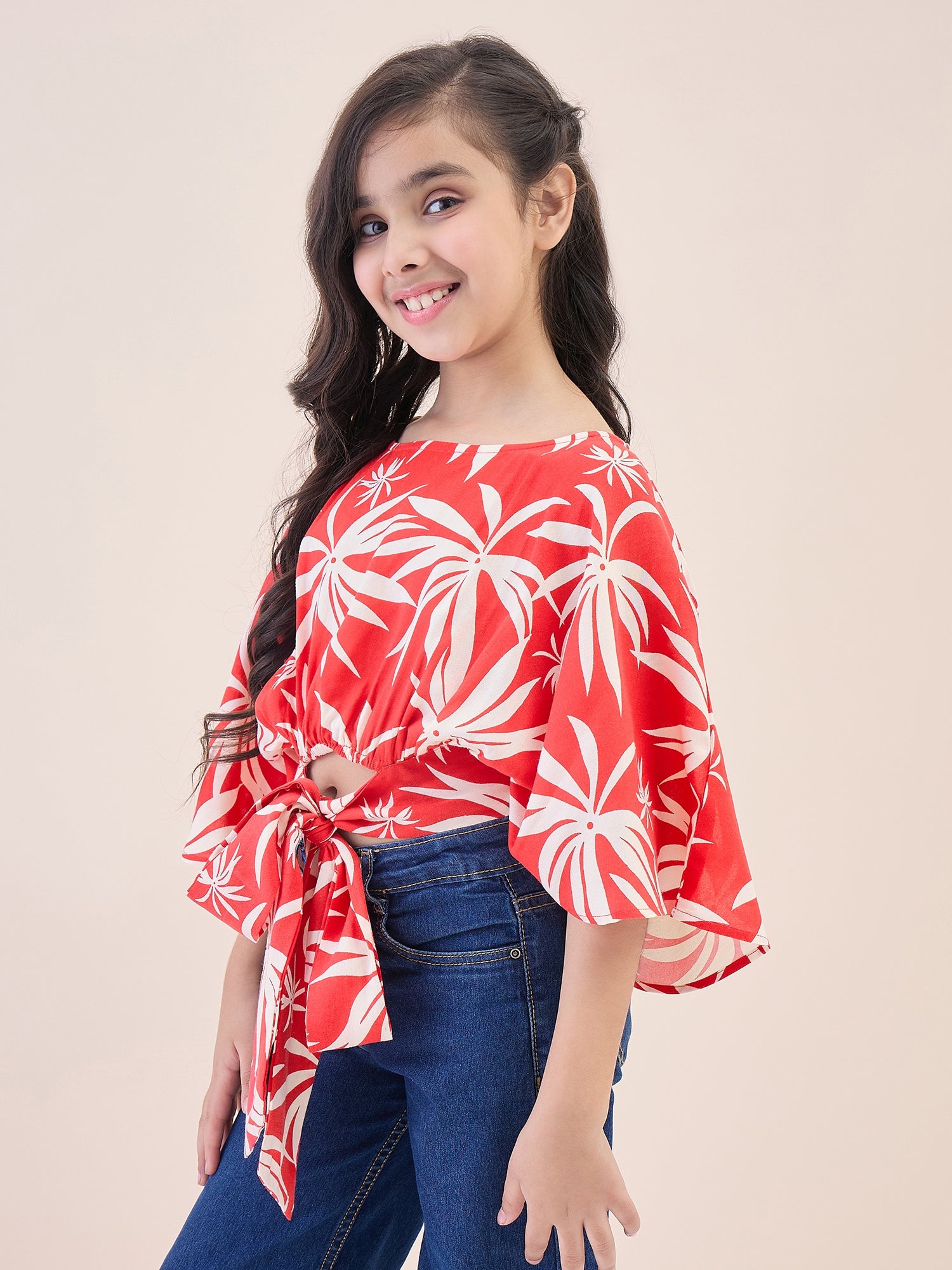 Girls Waist Length All over Print Top - Red