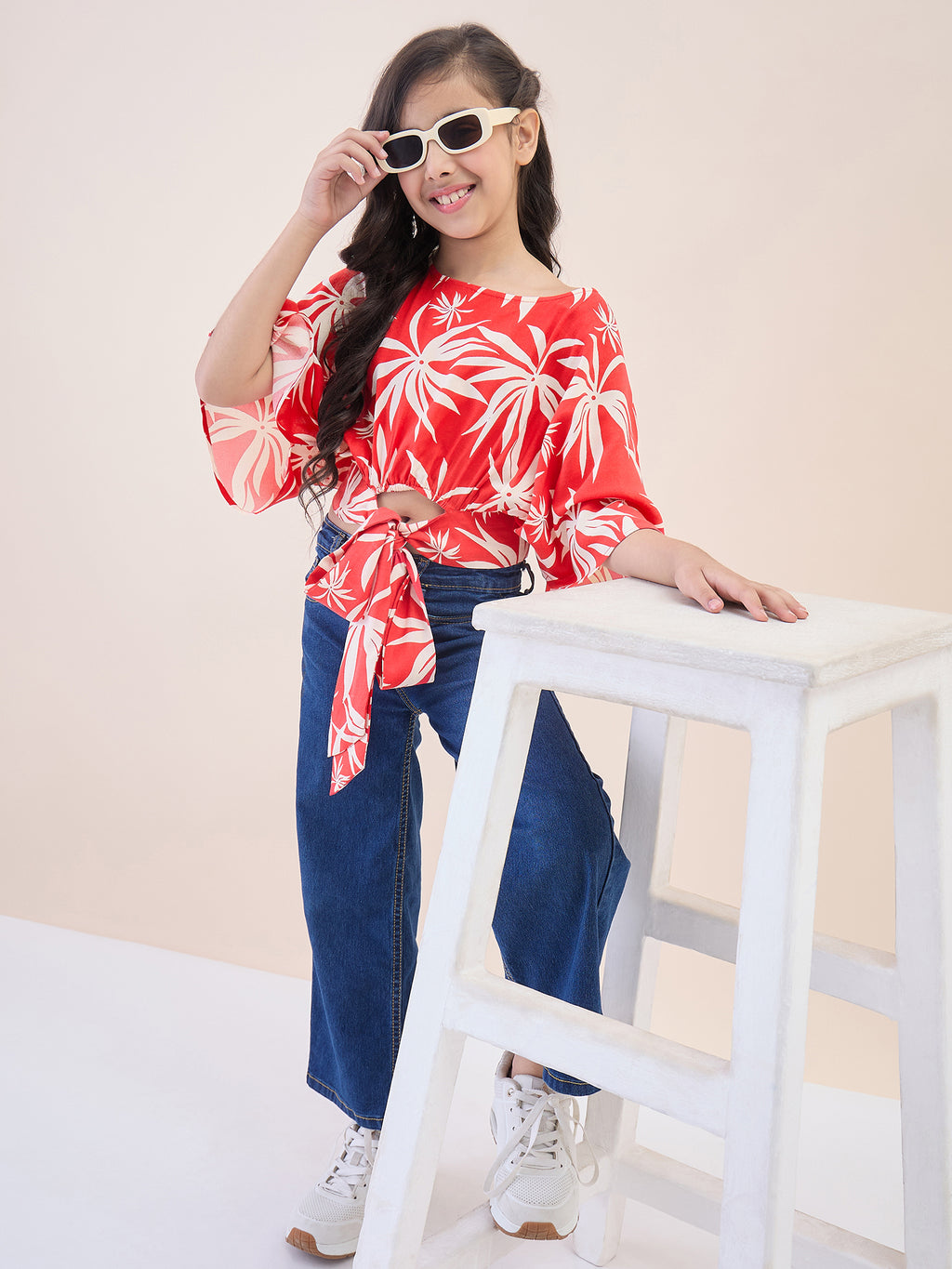 Girls Waist Length All over Print Top - Red