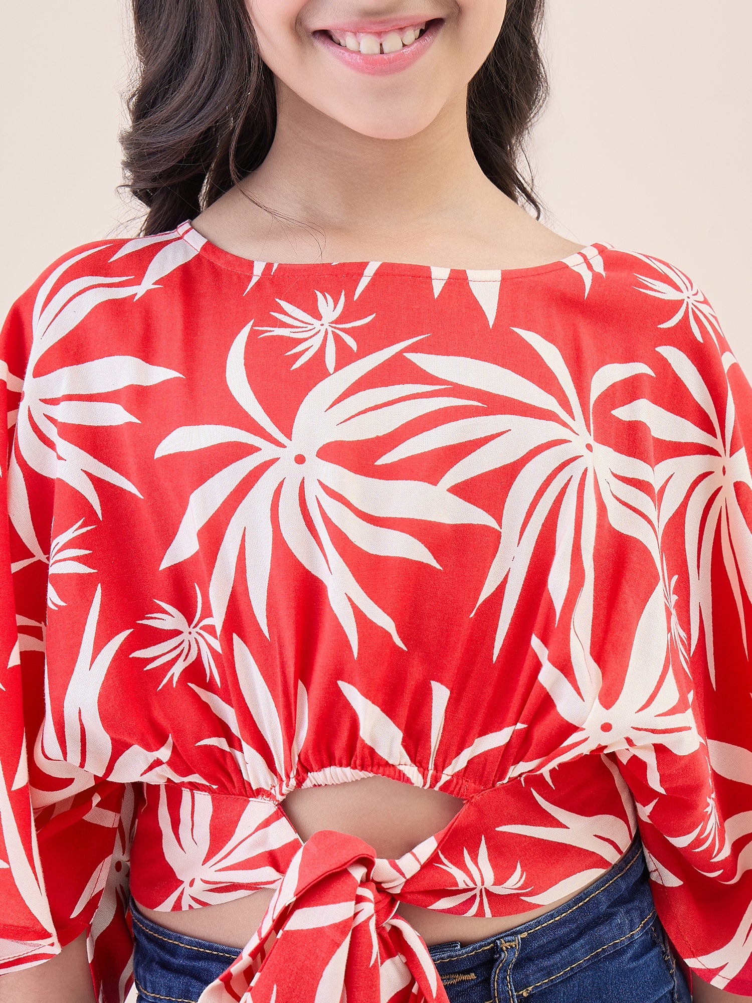 Girls Waist Length All over Print Top - Red
