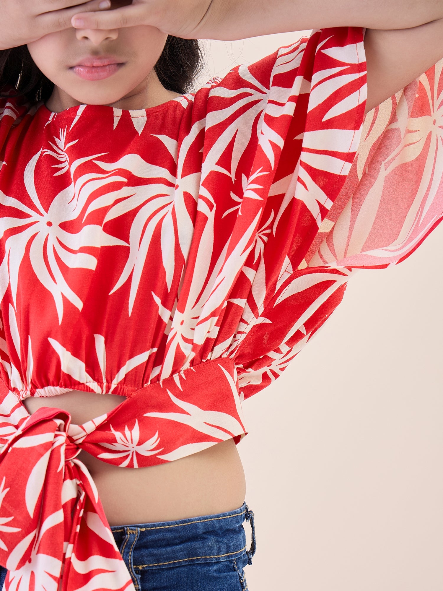 Girls Waist Length All over Print Top - Red