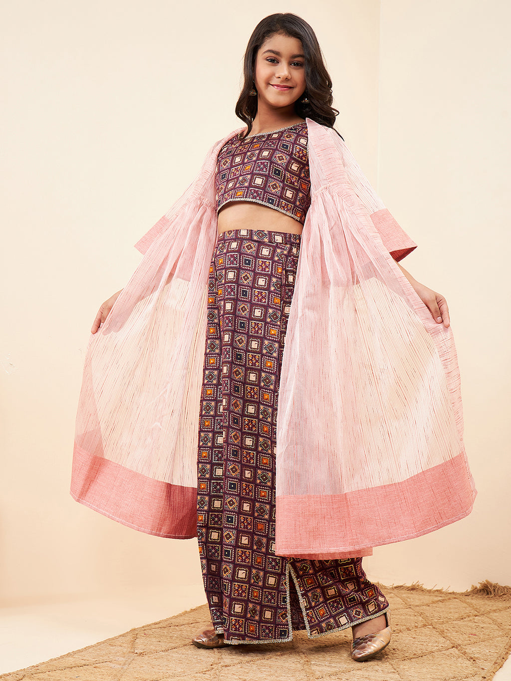 Girls Ankle Length Printed Kurti Set - Purple