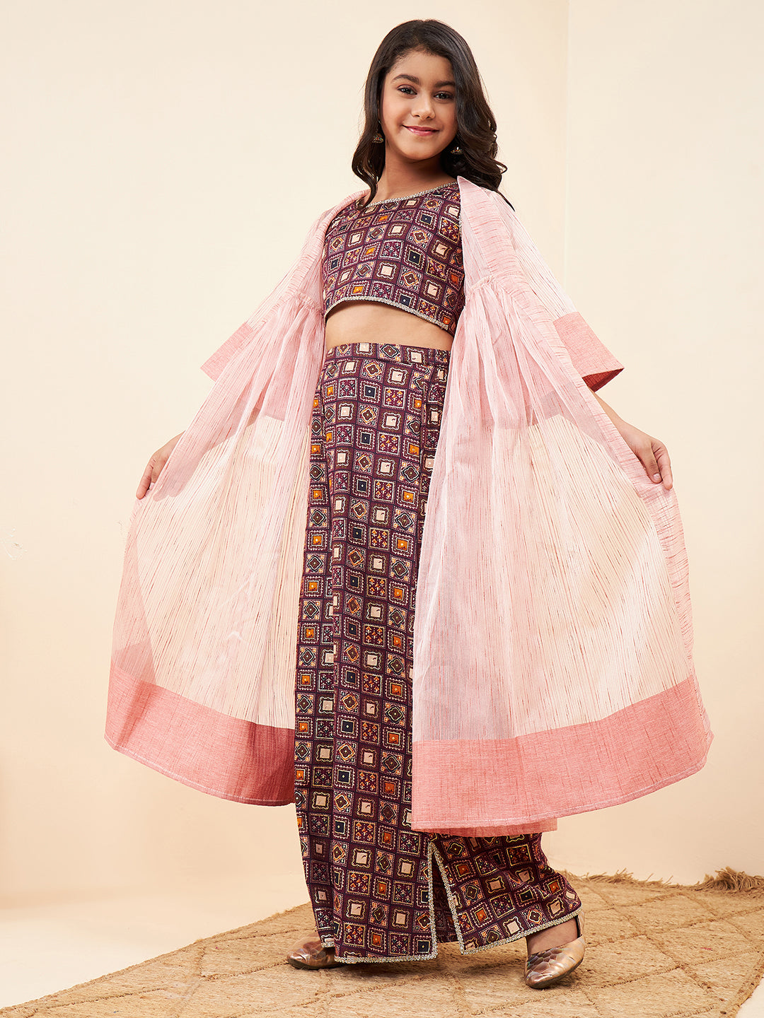 Girls Ankle Length Printed Kurti Set - Purple