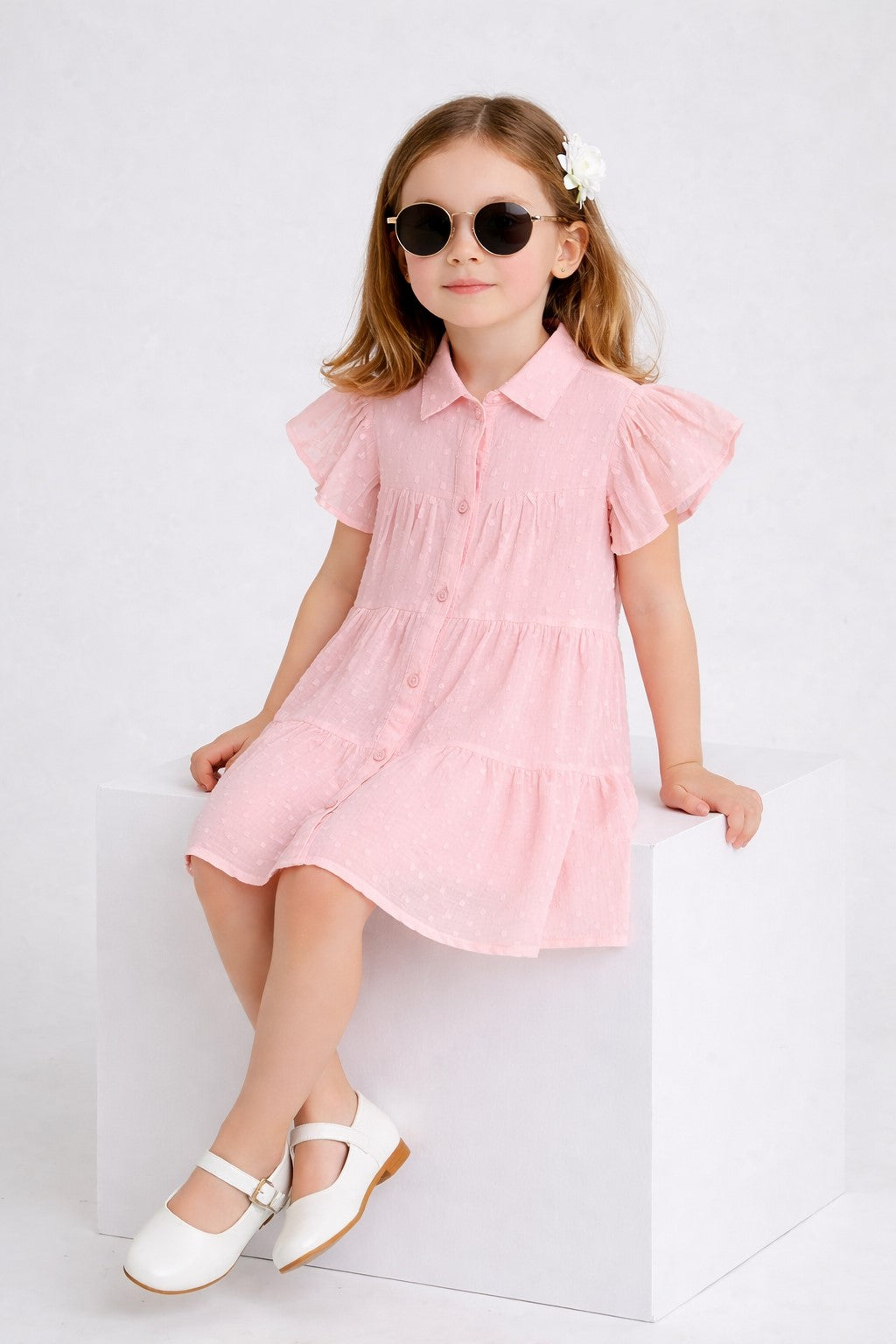 Girls Knee Length Solid Dress - Peach