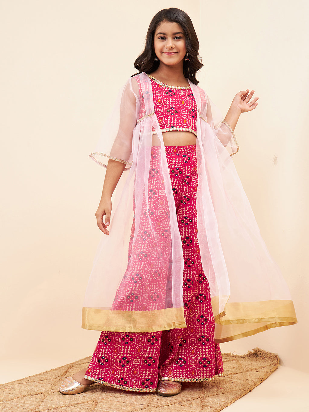 Girls Ankle Length Printed Kurti Set - Pink