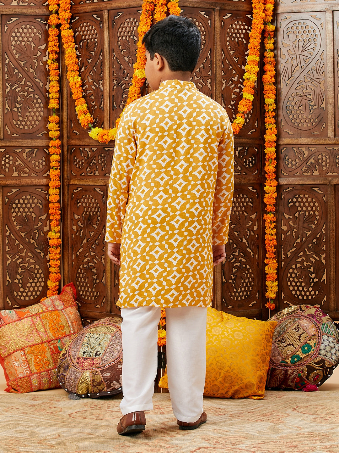 Boys Knee Length Printed Kurta Set - Yellow