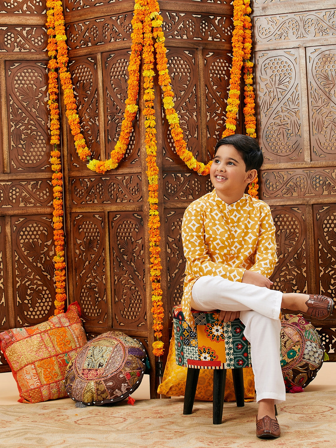 Boys Knee Length Printed Kurta Set - Yellow