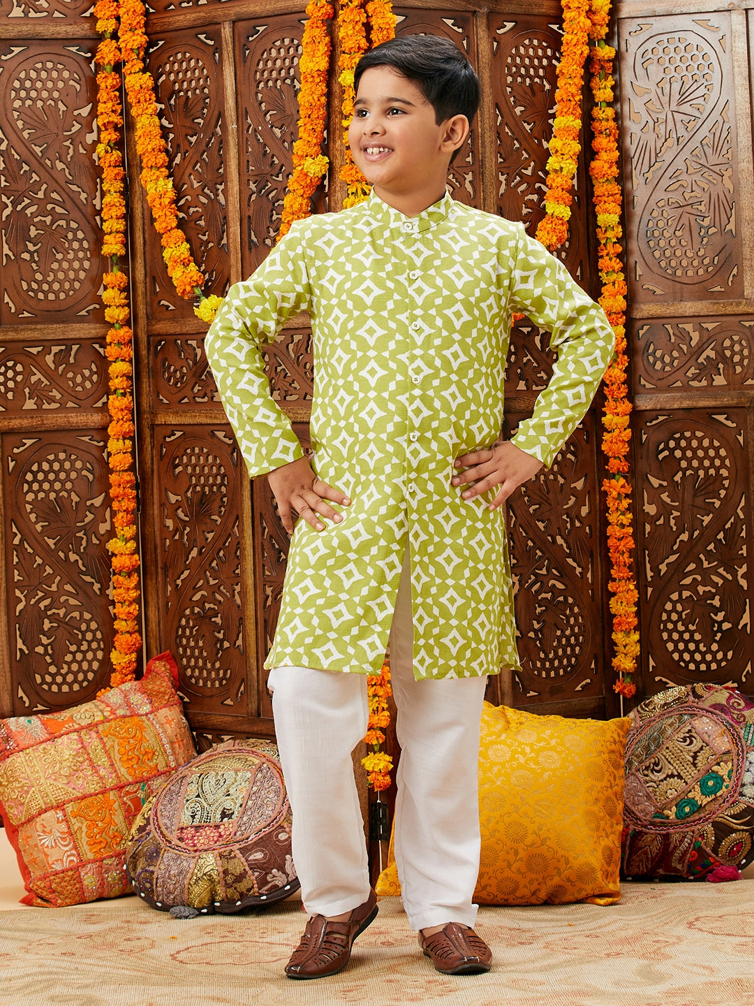 Boys Below knee Printed Kurta Set - Green
