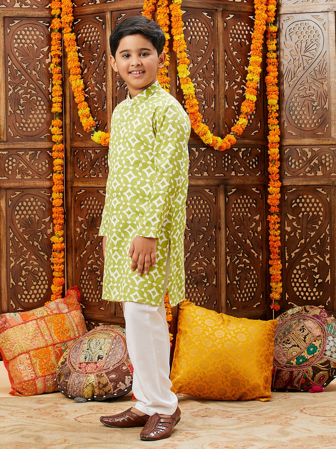 Boys Below knee Printed Kurta Set - Green