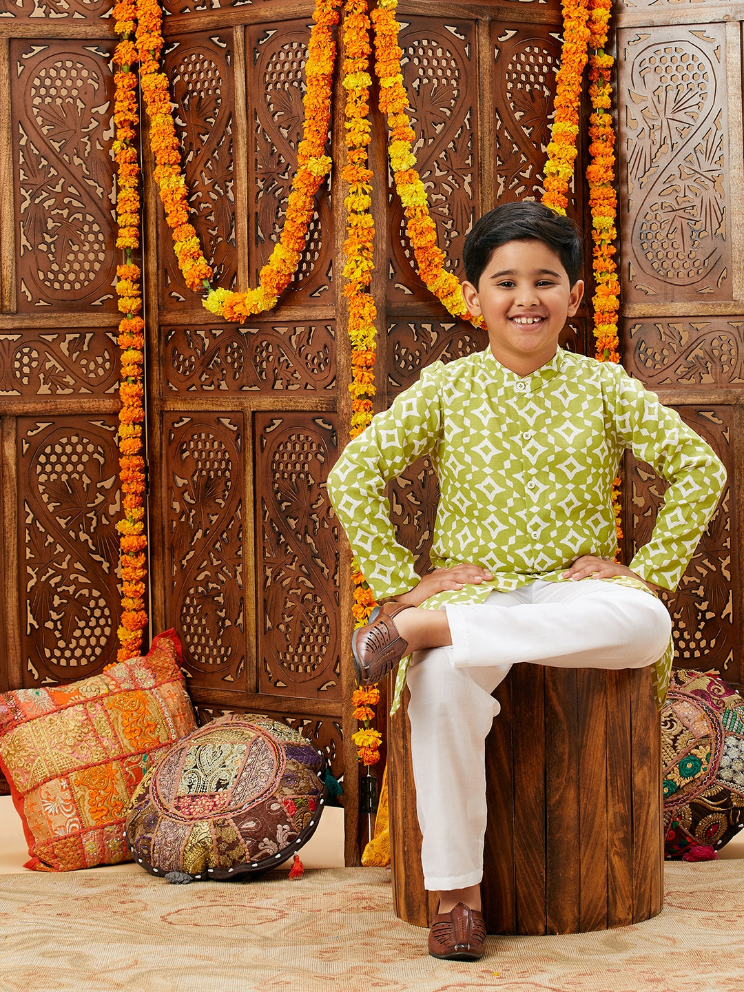 Boys Below knee Printed Kurta Set - Green