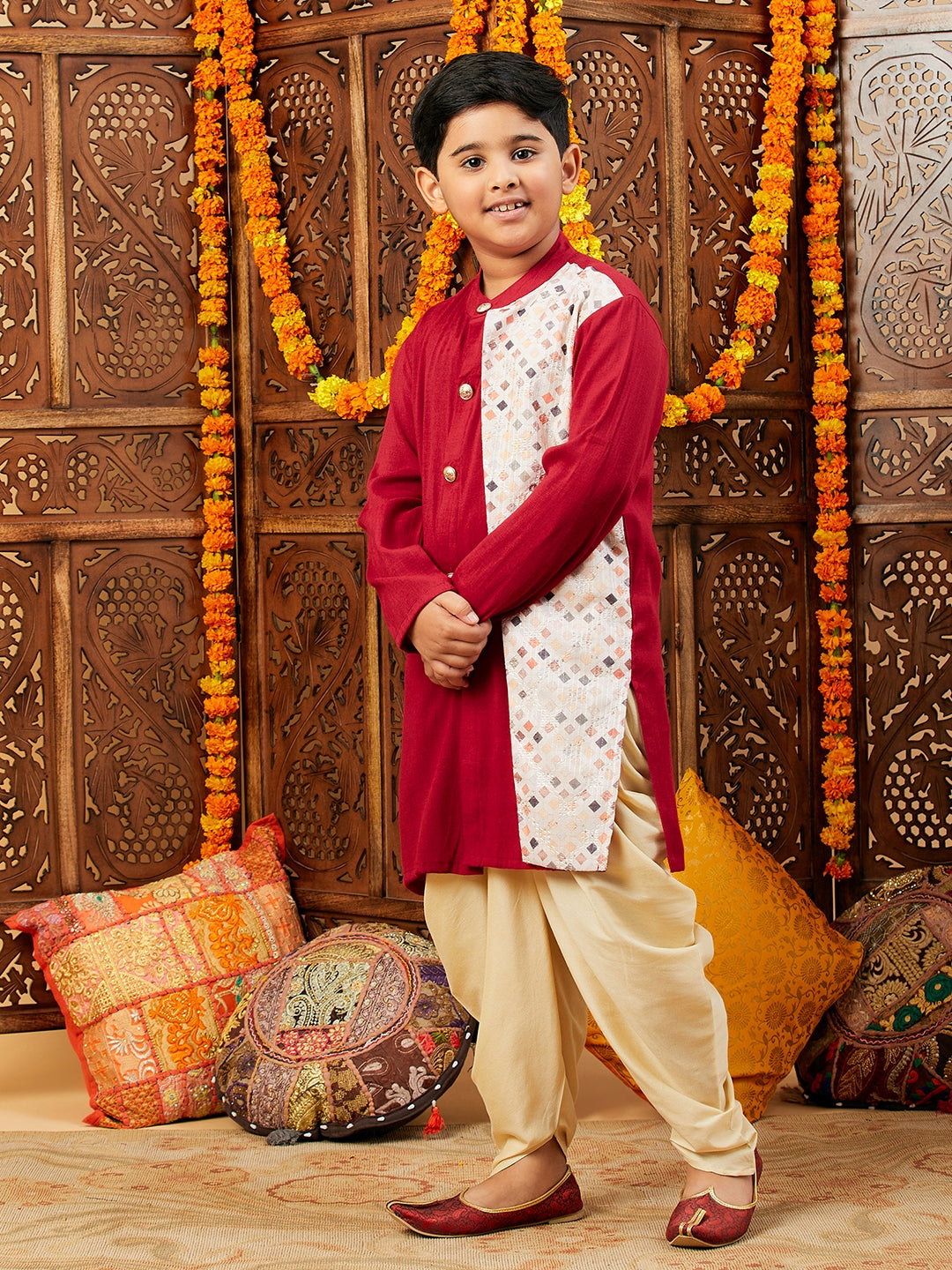 Boys Above Knee Printed Kurta Set - Maroon