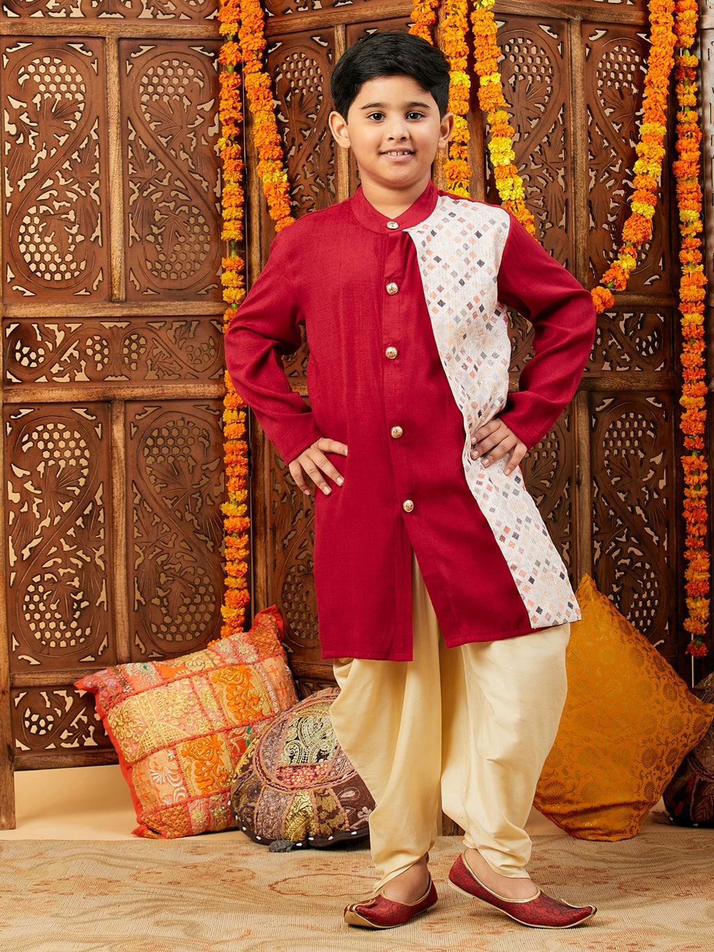 Boys Above Knee Printed Kurta Set - Maroon