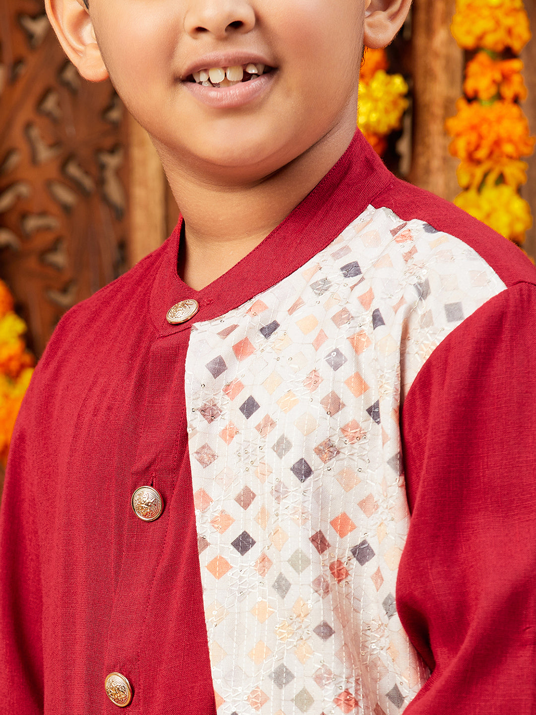 Boys Above Knee Printed Kurta Set - Maroon
