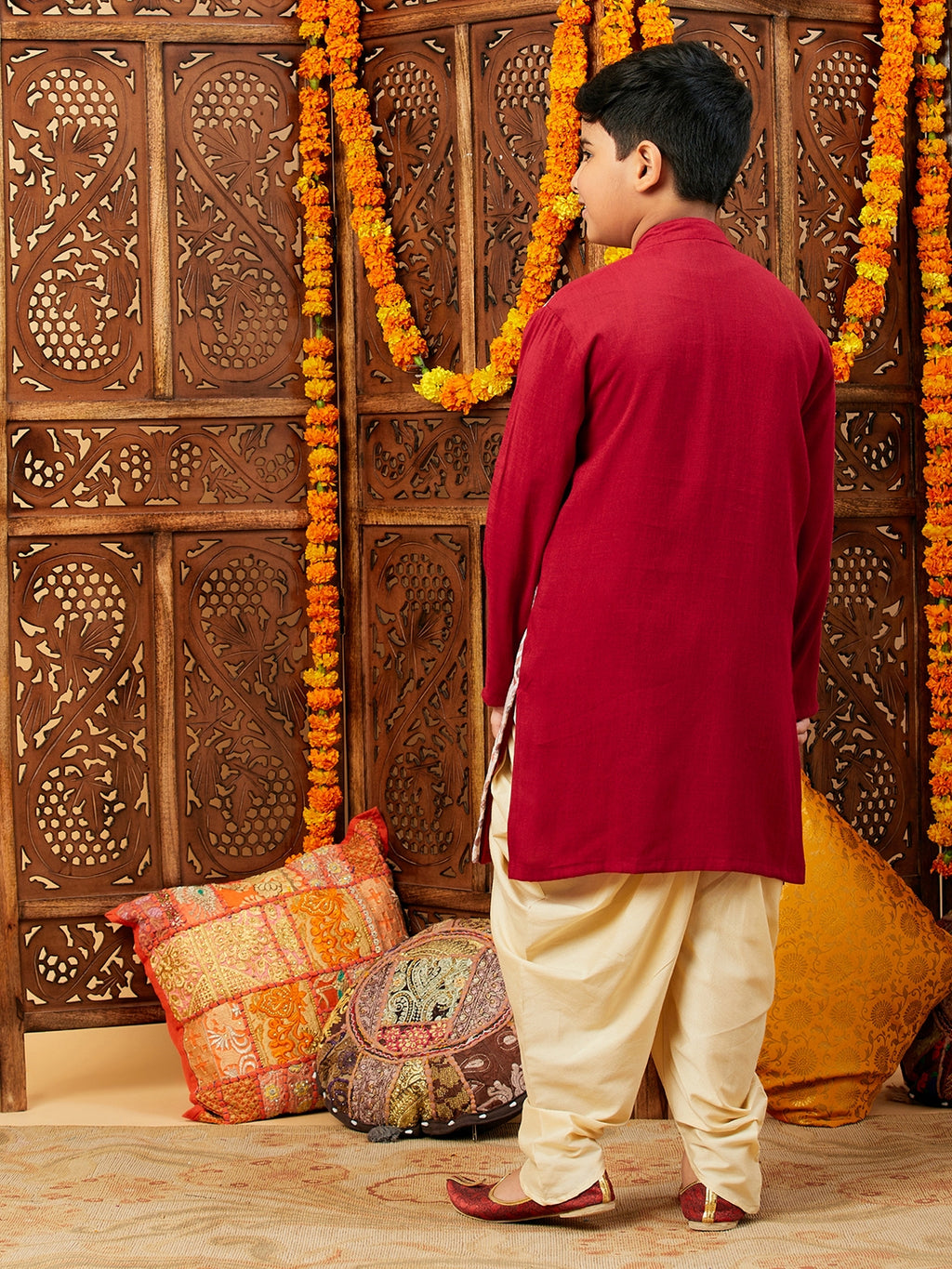 Boys Above Knee Printed Kurta Set - Maroon