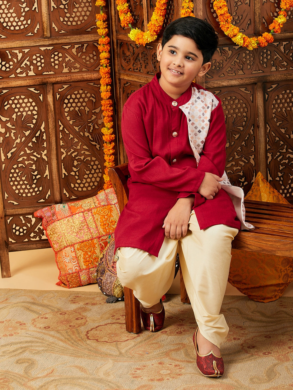 Boys Above Knee Printed Kurta Set - Maroon