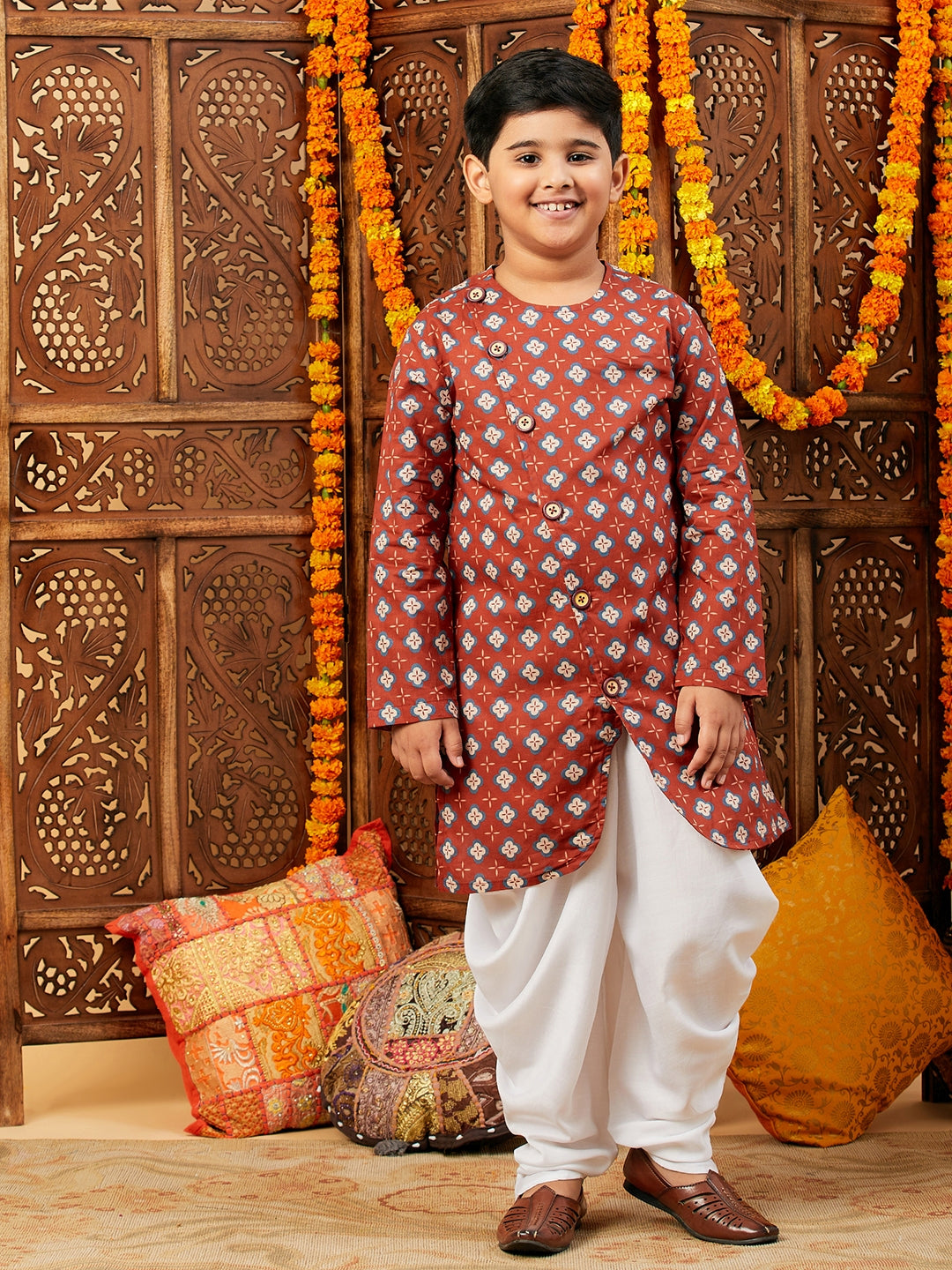 Boys Below knee Printed Kurta Set - Maroon