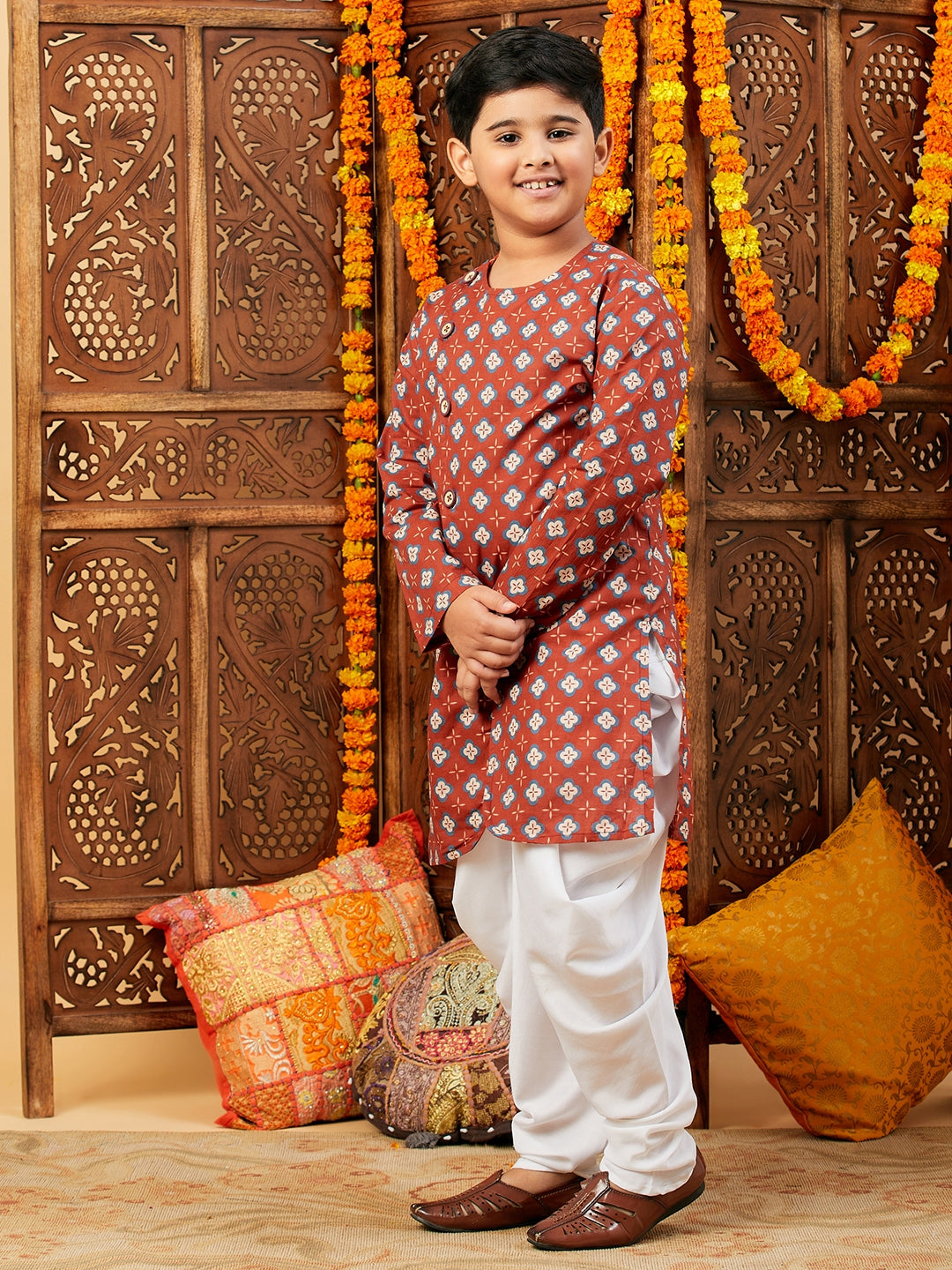 Boys Below knee Printed Kurta Set - Maroon