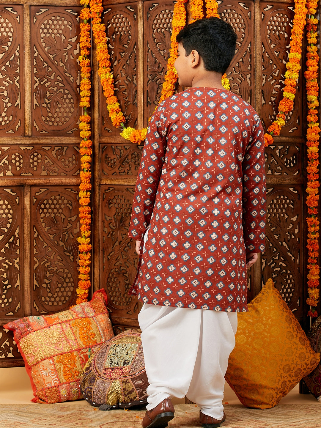 Boys Below knee Printed Kurta Set - Maroon