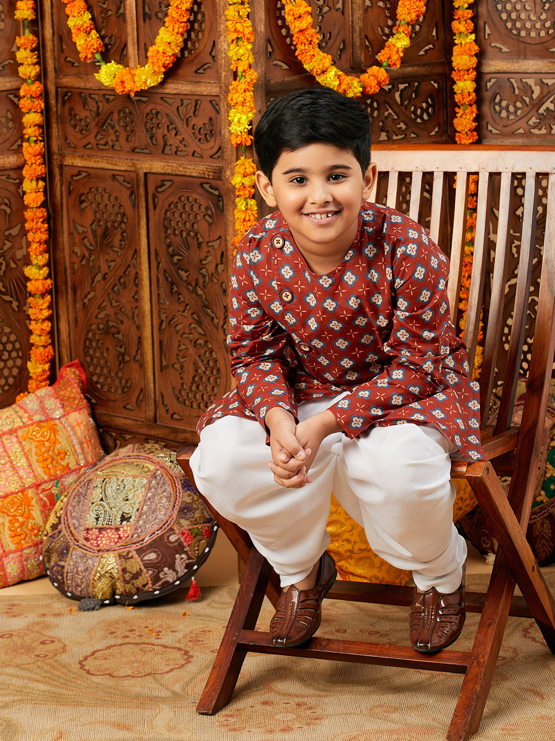 Boys Below knee Printed Kurta Set - Maroon