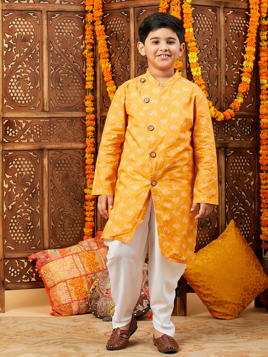 Boys Below knee Printed Kurta Set - Yellow