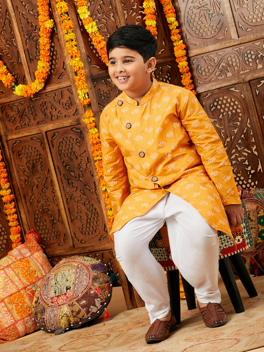 Boys Below knee Printed Kurta Set - Yellow
