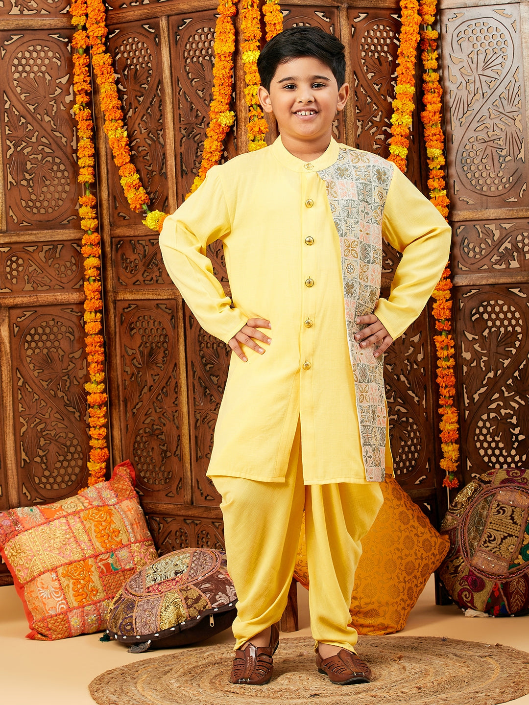 Boys Below knee Printed Kurta Set - Yellow